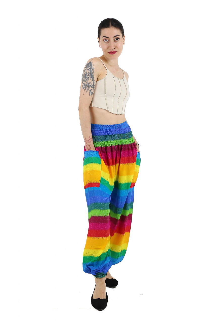 Pantaloni Jasmine cu print abstract si dungi - Multicolor [2]