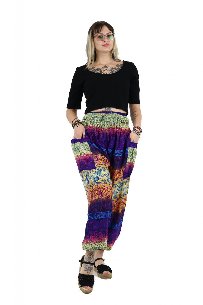 Pantaloni Jasmine cu print abstract si dungi - Multicolor [2]