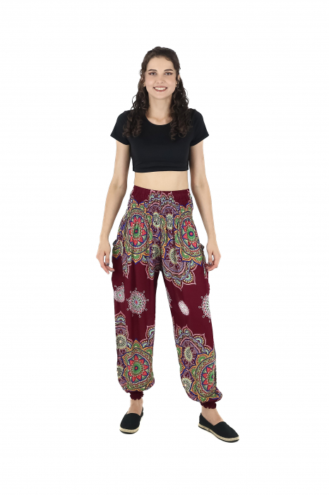 Pantaloni Jasmine cu print floral multicolor - Visiniu [2]
