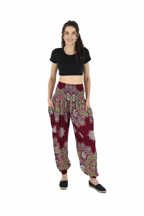 Pantaloni Jasmine cu print floral multicolor - Visiniu [3]