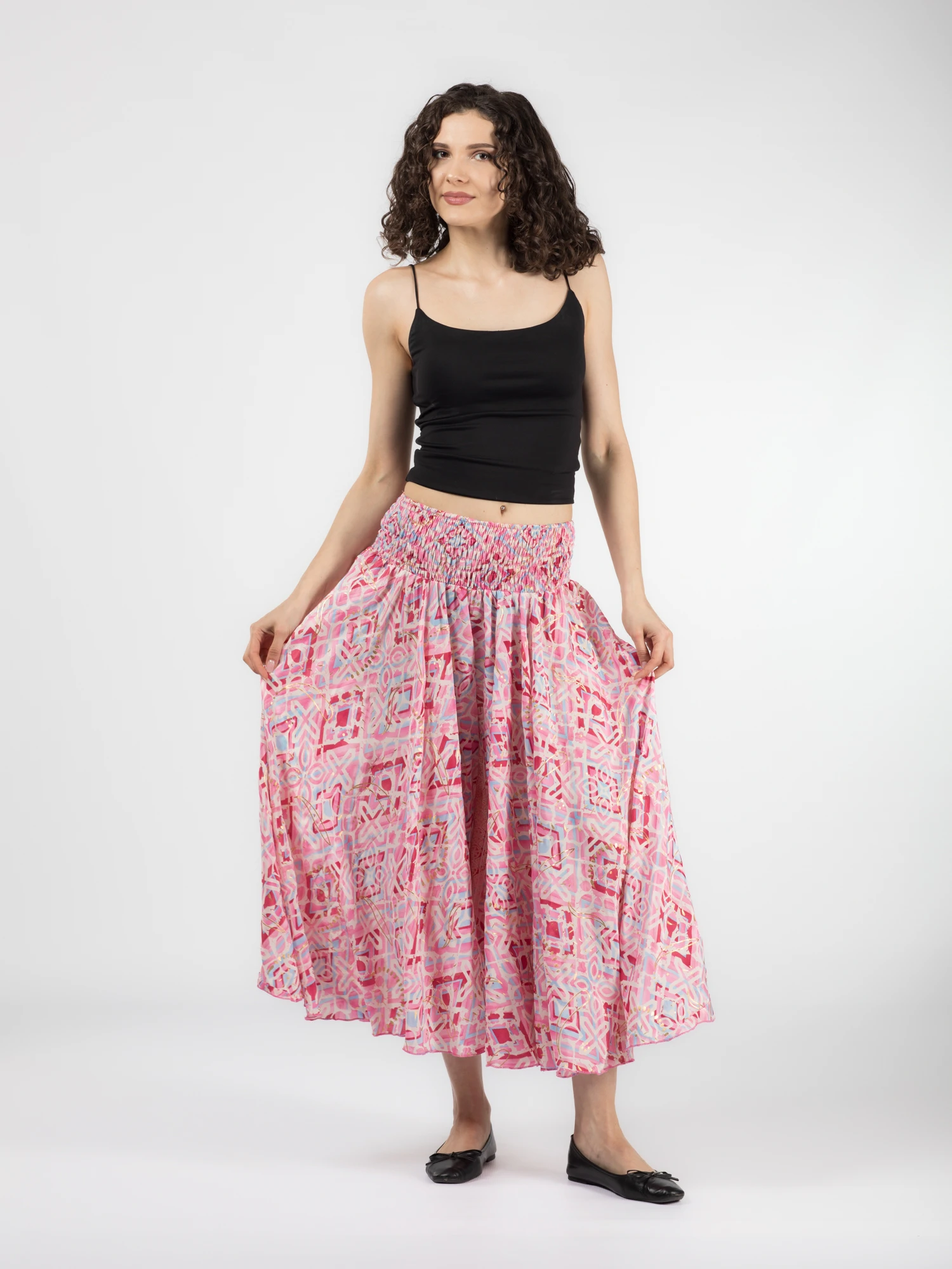 Pantaloni largi din material fluid cu print și fir auriu - Model 25 [6]