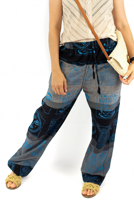 Pantaloni lejeri cu motive hinduse cu print alb - Albastru inchis [1]