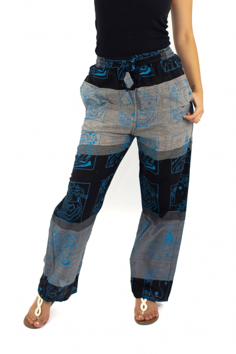 Pantaloni lejeri cu motive hinduse cu print alb - Albastru inchis [2]