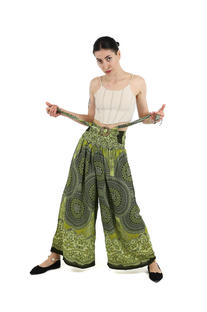 Pantaloni lejeri cu print floral si catarama in talie - Verde [3]