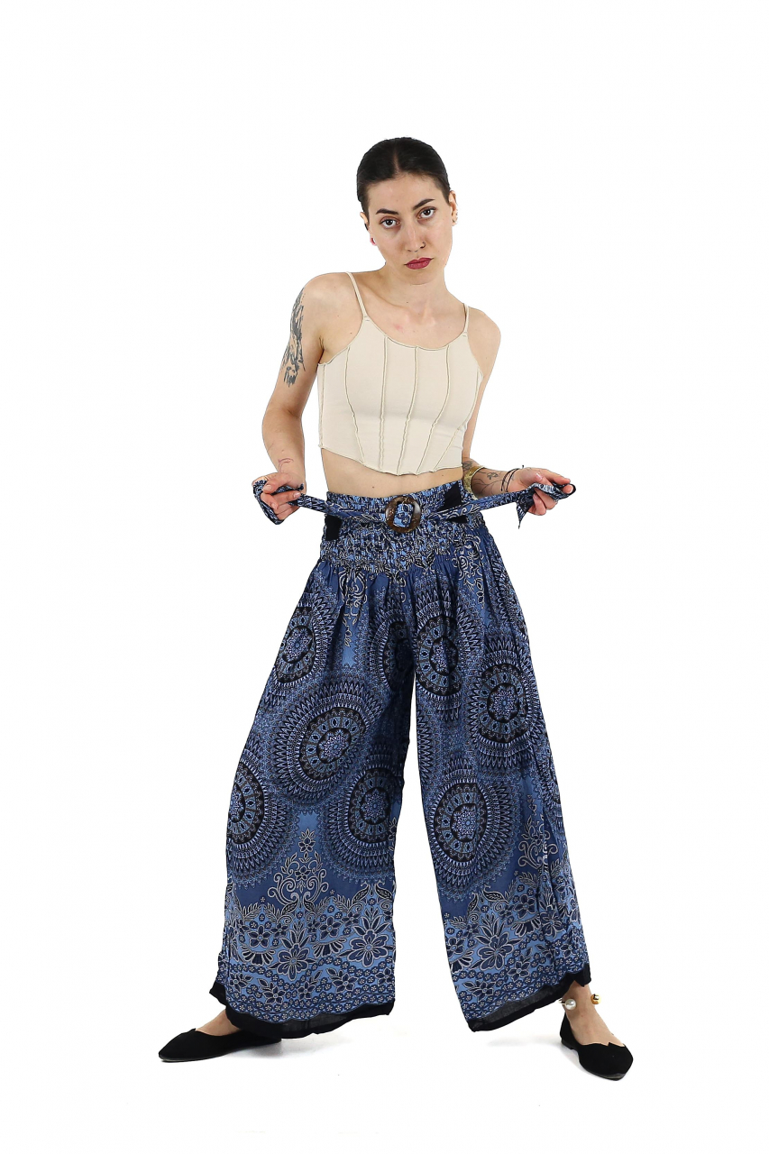 Pantaloni lejeri cu print floral si catarama in talie - Verde [4]