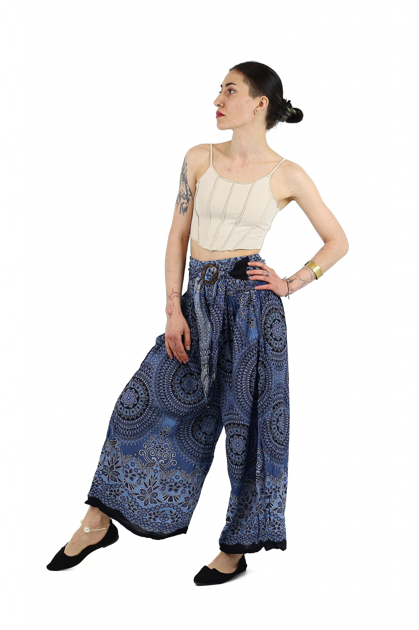 Pantaloni lejeri cu print floral si catarama in talie - Verde [3]