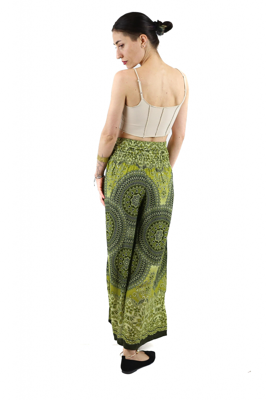 Pantaloni lejeri cu print floral si catarama in talie - Verde [5]