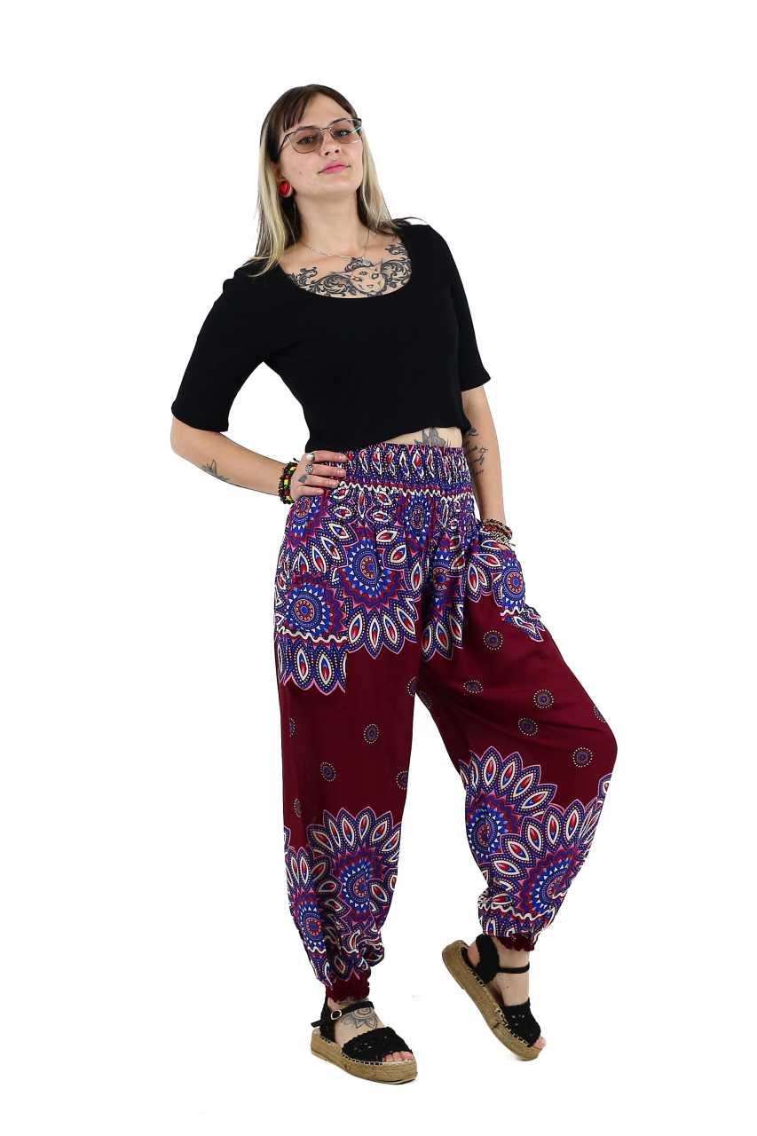 Pantaloni lejeri Jasmine cu 2 buzunare si print abstract - Visiniu [3]