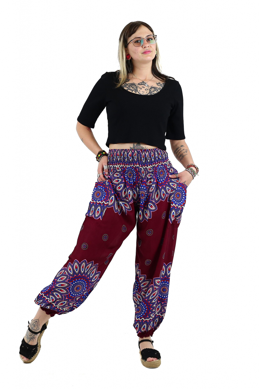 Pantaloni lejeri Jasmine cu 2 buzunare si print abstract - Visiniu [5]