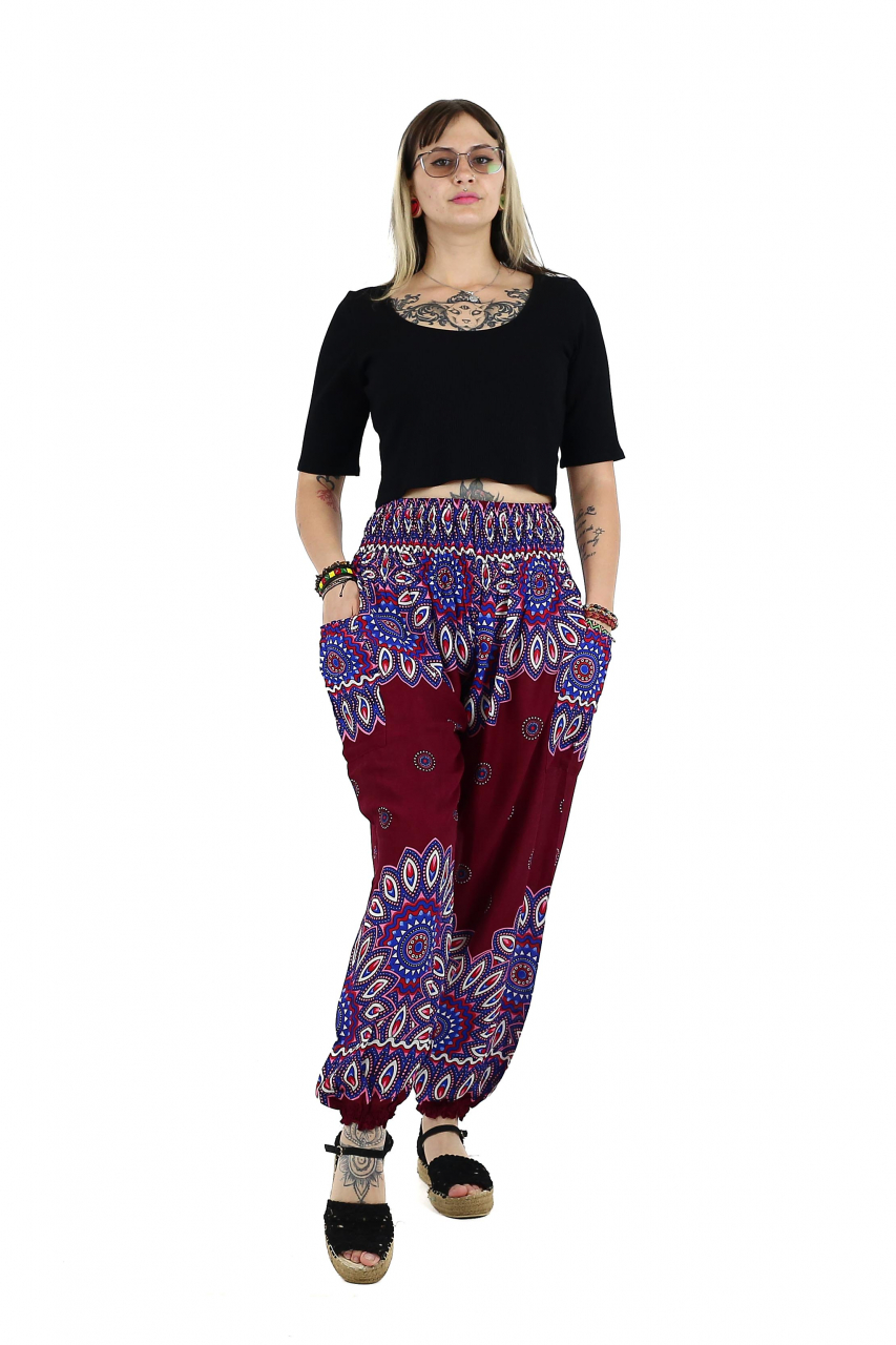 Pantaloni lejeri Jasmine cu 2 buzunare si print abstract - Visiniu [2]