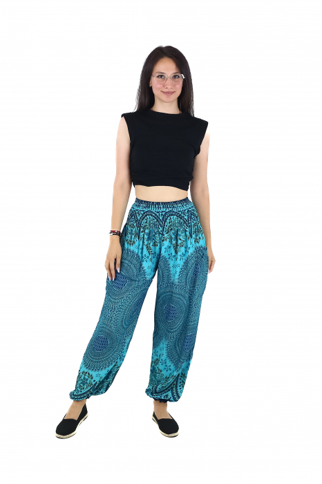 Pantaloni Jasmine cu 2 buzunare si print floral - Turquoise [2]
