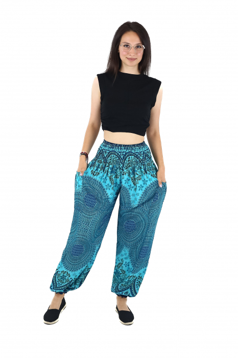 Pantaloni Jasmine cu 2 buzunare si print floral - Turquoise [3]