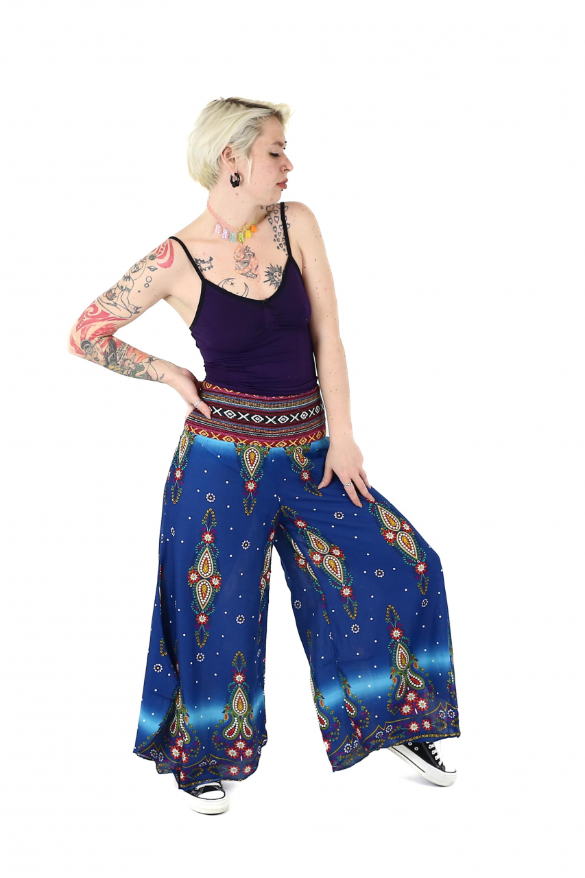 Pantaloni palazzo cu brau etno si print floral - Negru [3]