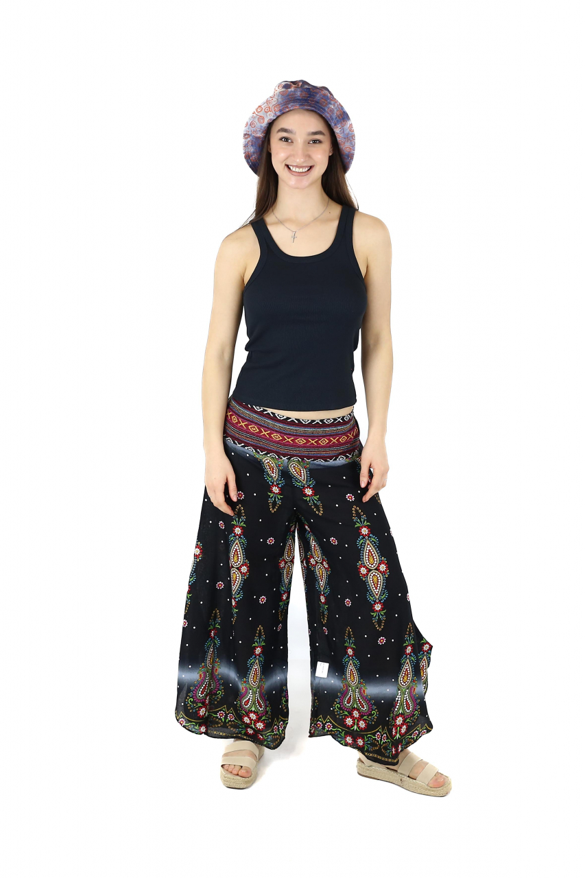 Pantaloni palazzo cu brau etno si print floral - Negru [2]