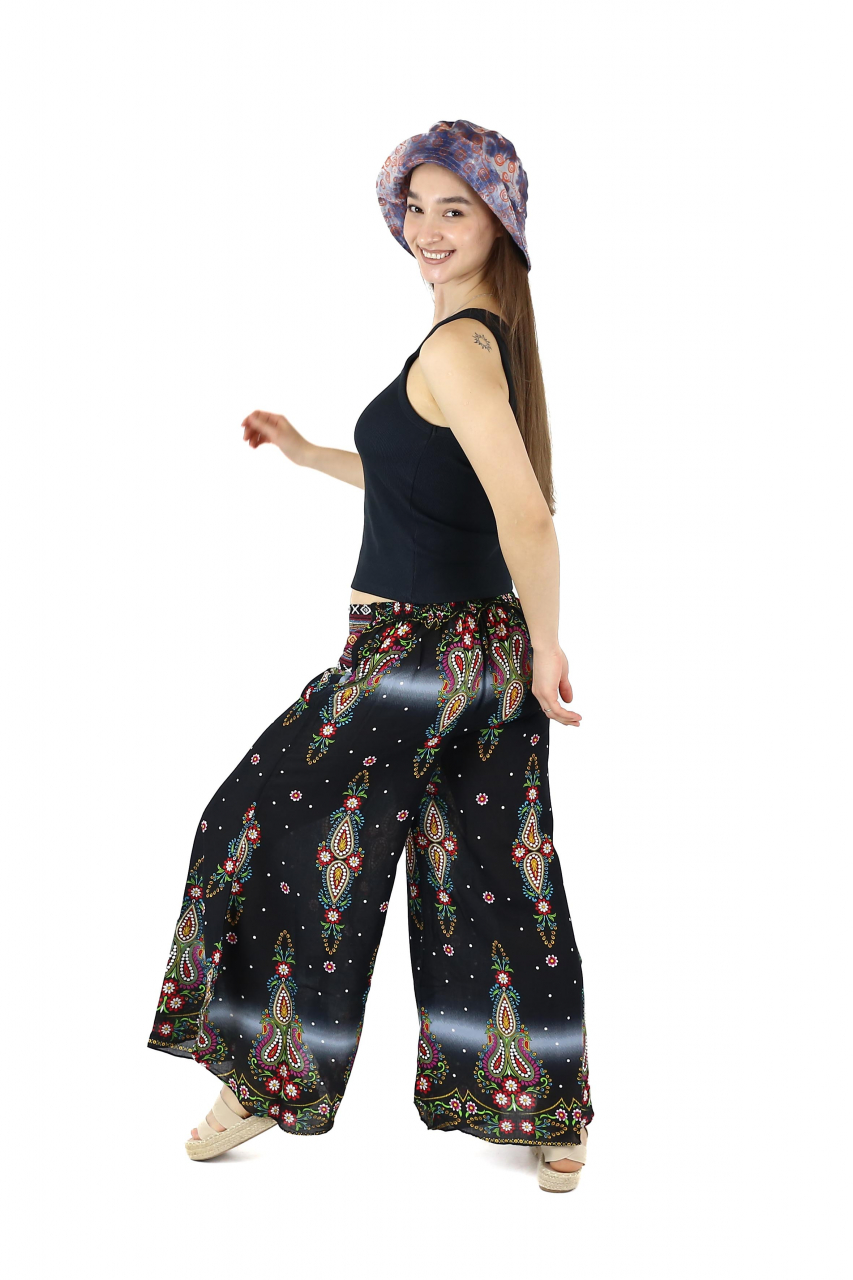 Pantaloni palazzo cu brau etno si print floral - Negru [5]