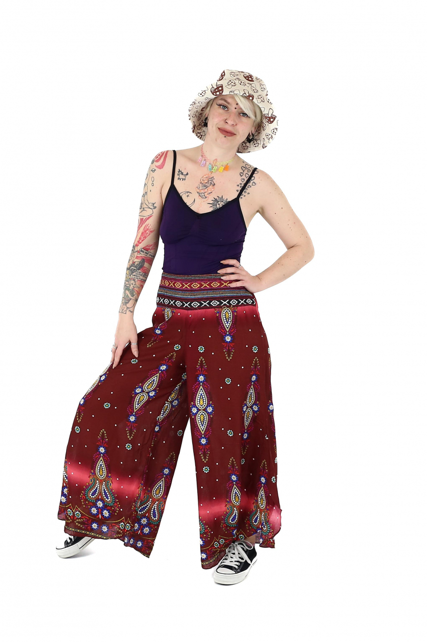 Pantaloni palazzo cu brau etno si print floral - Negru [2]