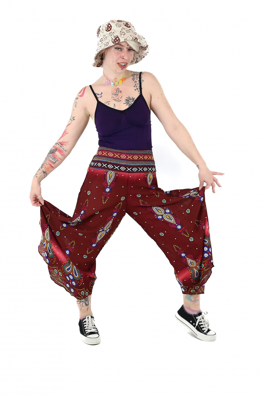 Pantaloni palazzo cu brau etno si print floral - Negru [3]