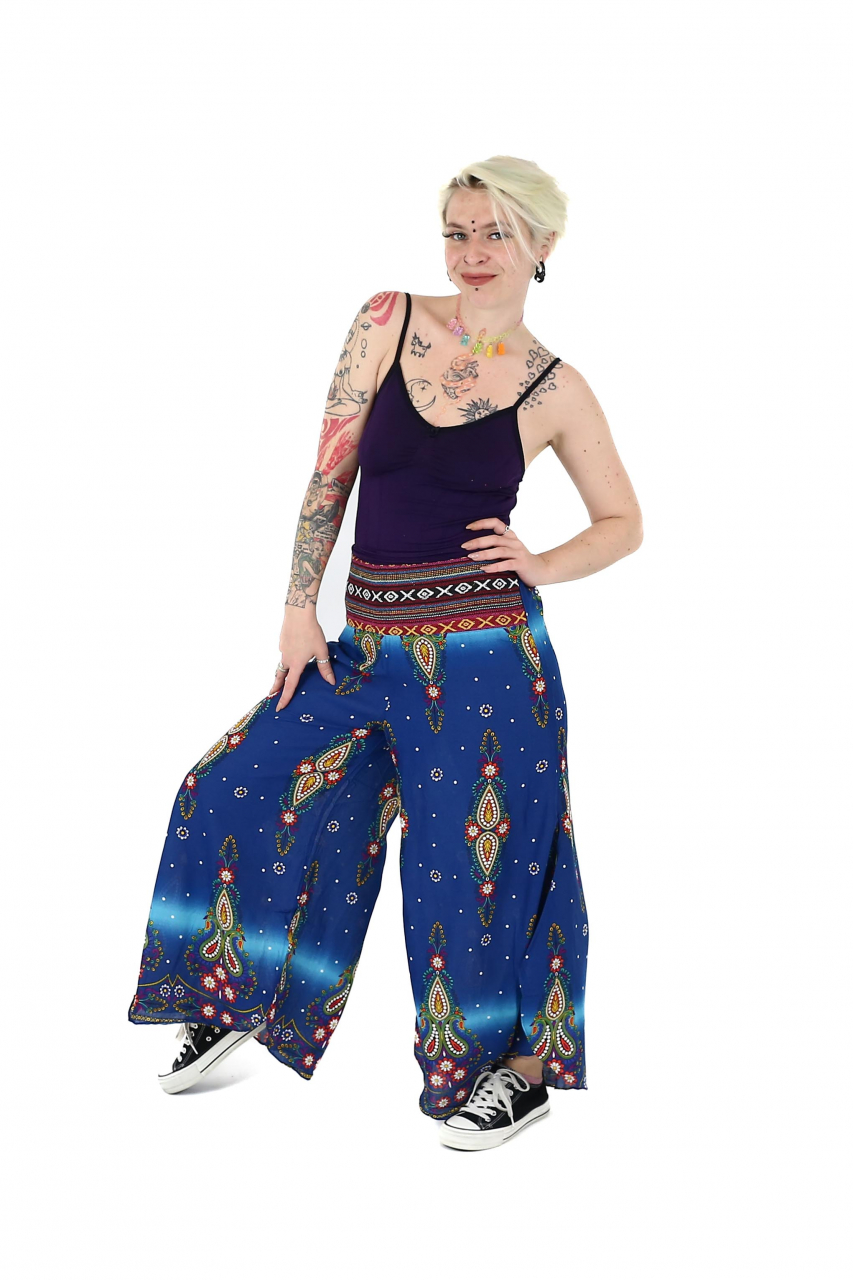 Pantaloni palazzo cu brau etno si print floral - Negru [4]