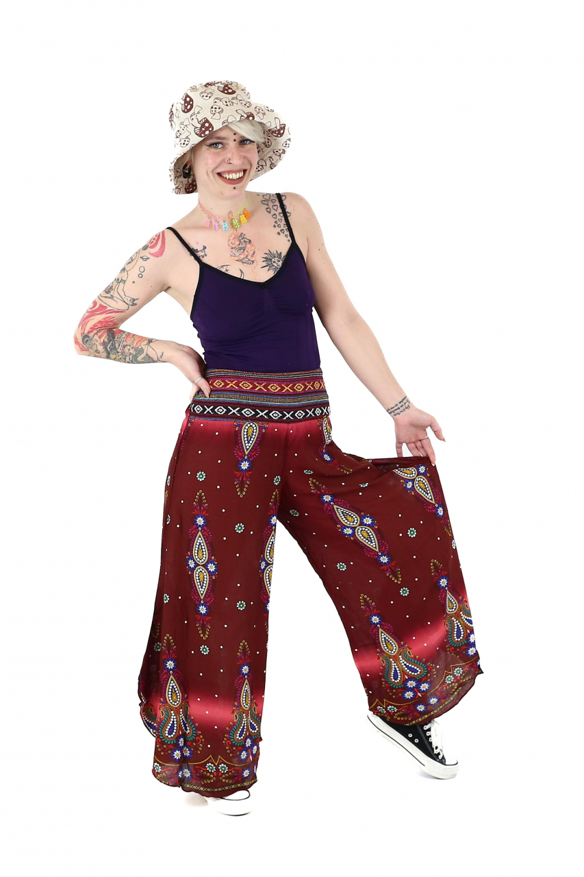 Pantaloni palazzo cu brau etno si print floral - Negru [4]
