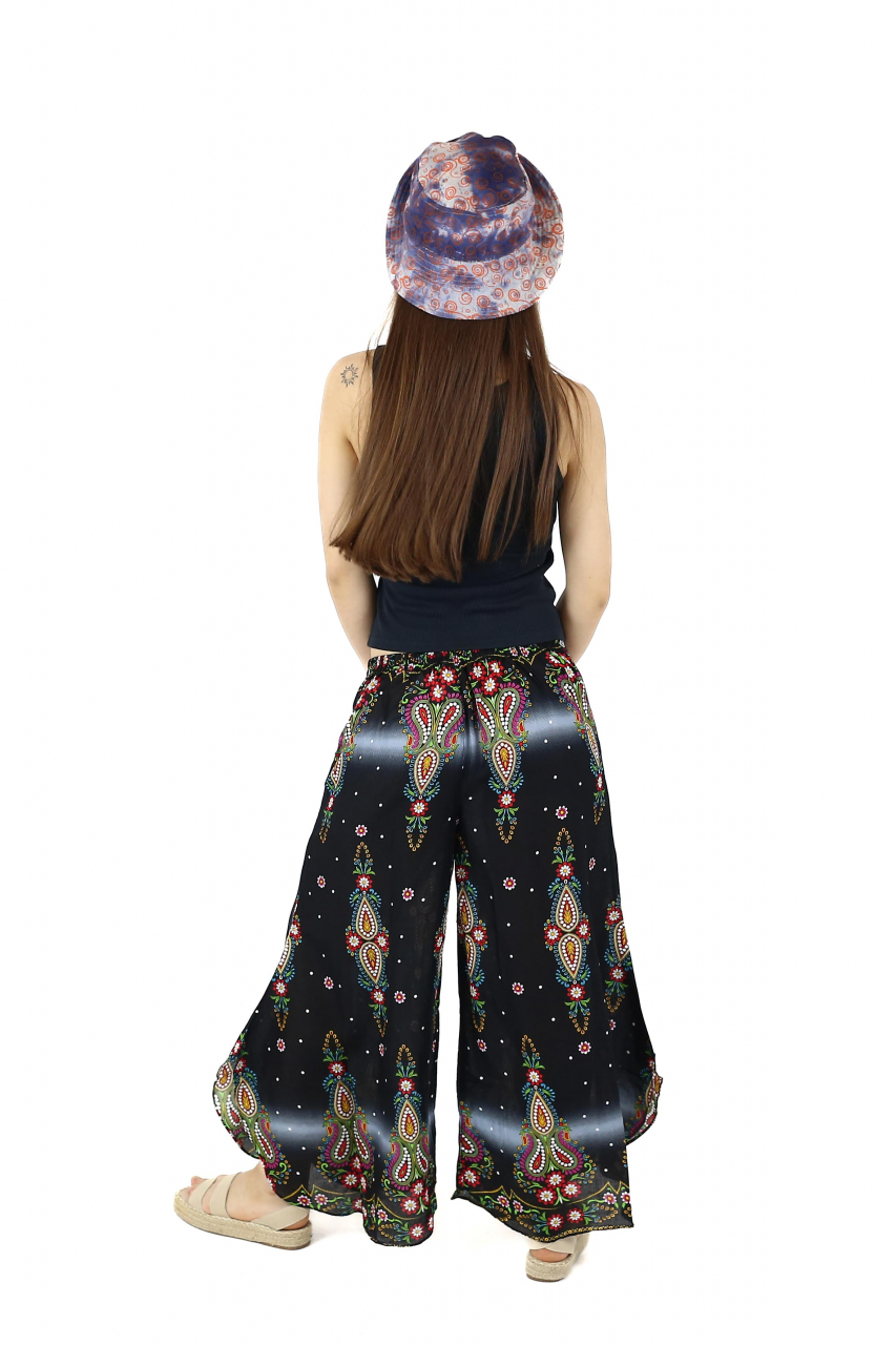 Pantaloni palazzo cu brau etno si print floral - Negru [4]