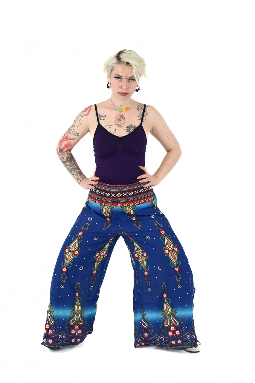 Pantaloni palazzo cu brau etno si print floral - Negru [2]