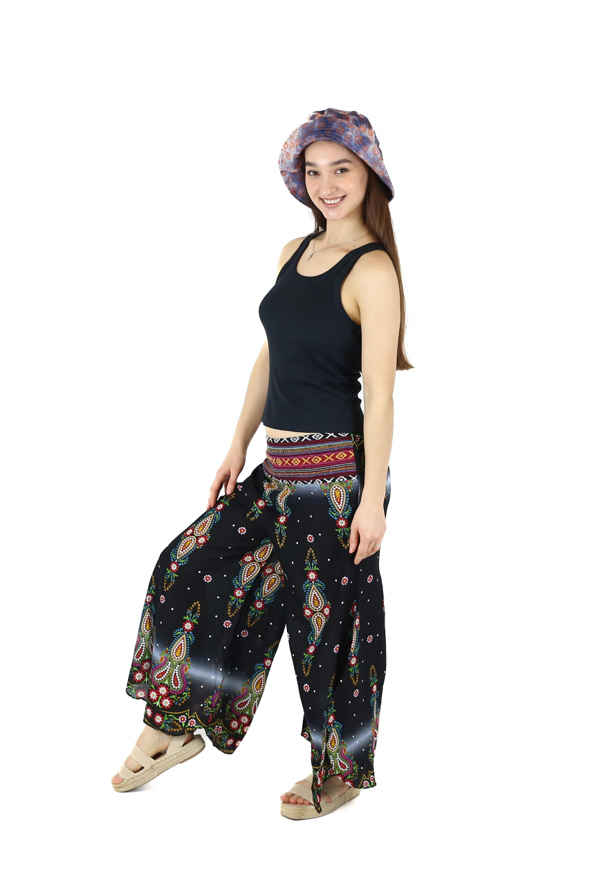 Pantaloni palazzo cu brau etno si print floral - Negru [3]