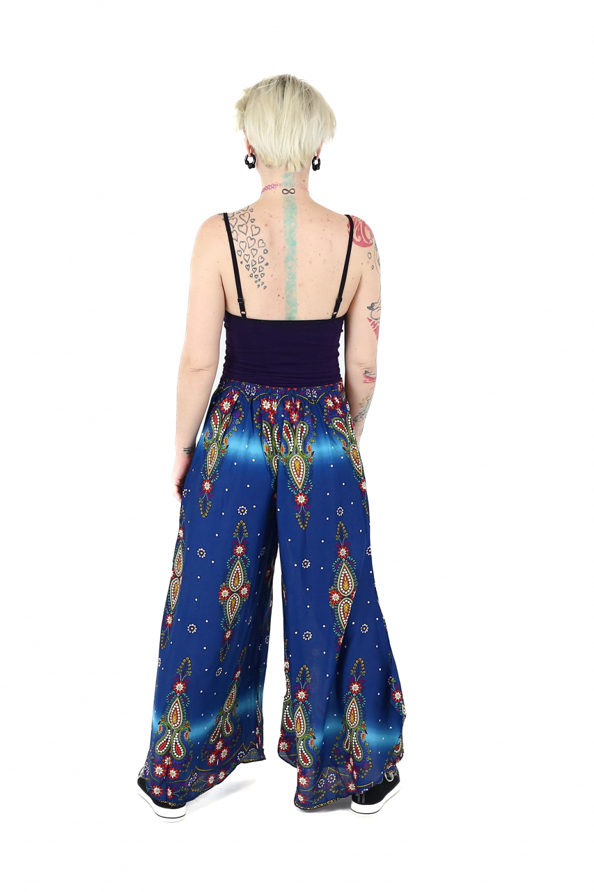 Pantaloni palazzo cu brau etno si print floral - Negru [5]
