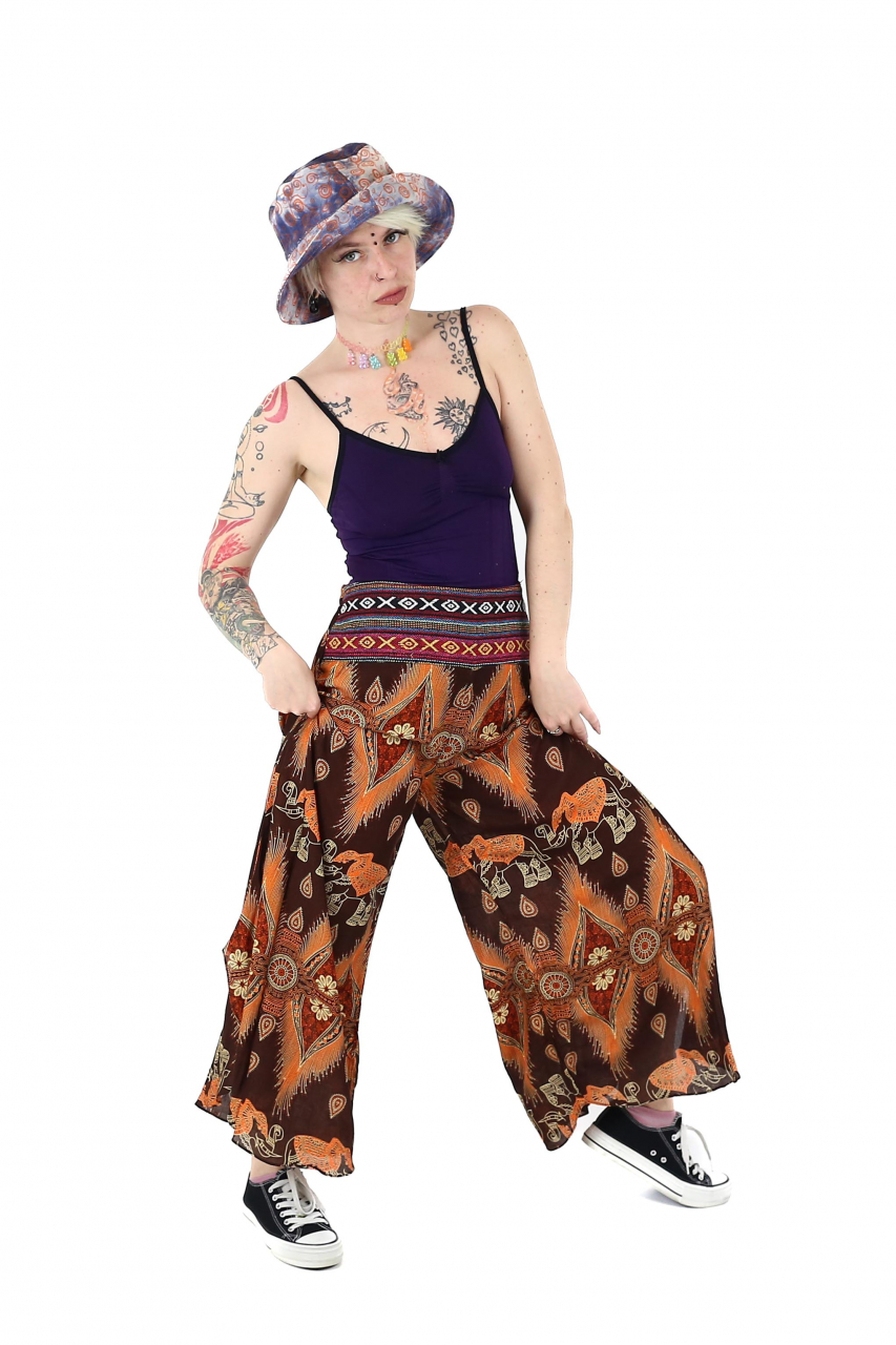 Pantaloni palazzo cu brau etno si print hindus si floral - Portocaliu [4]
