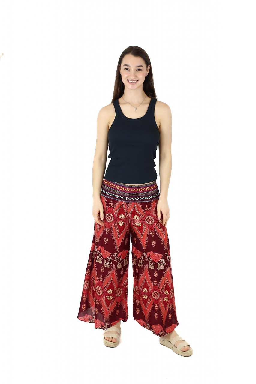 Pantaloni palazzo cu brau etno si print hindus si floral - Portocaliu [2]