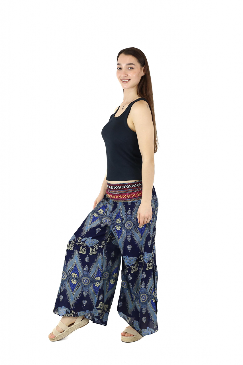 Pantaloni palazzo cu brau etno si print hindus si floral - Portocaliu [3]