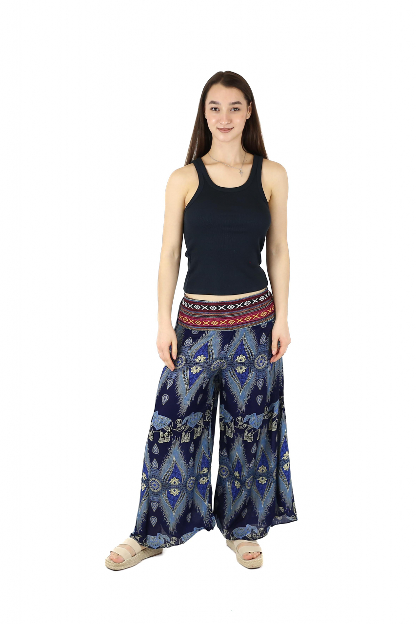 Pantaloni palazzo cu brau etno si print hindus si floral - Portocaliu [2]