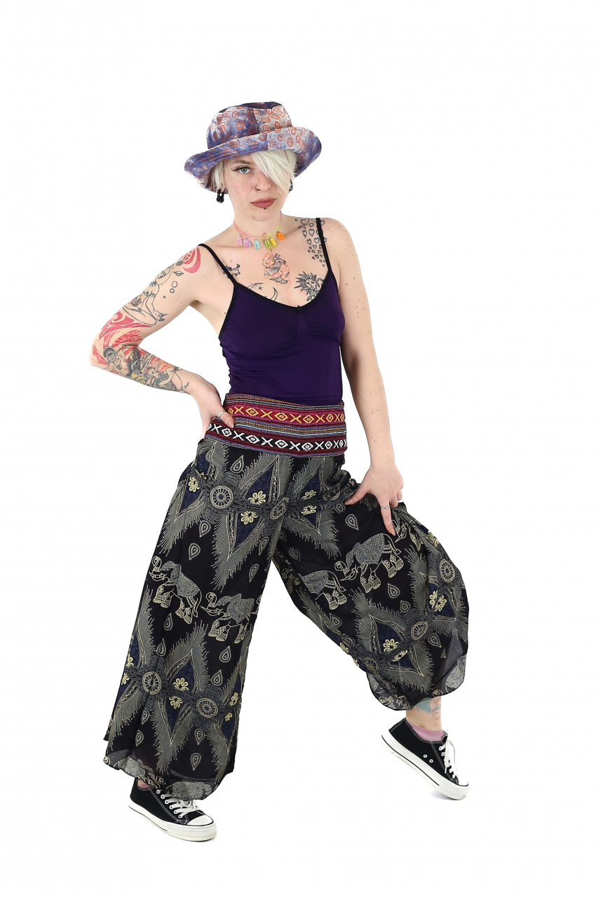 Pantaloni palazzo cu brau etno si print hindus si floral - Portocaliu [2]