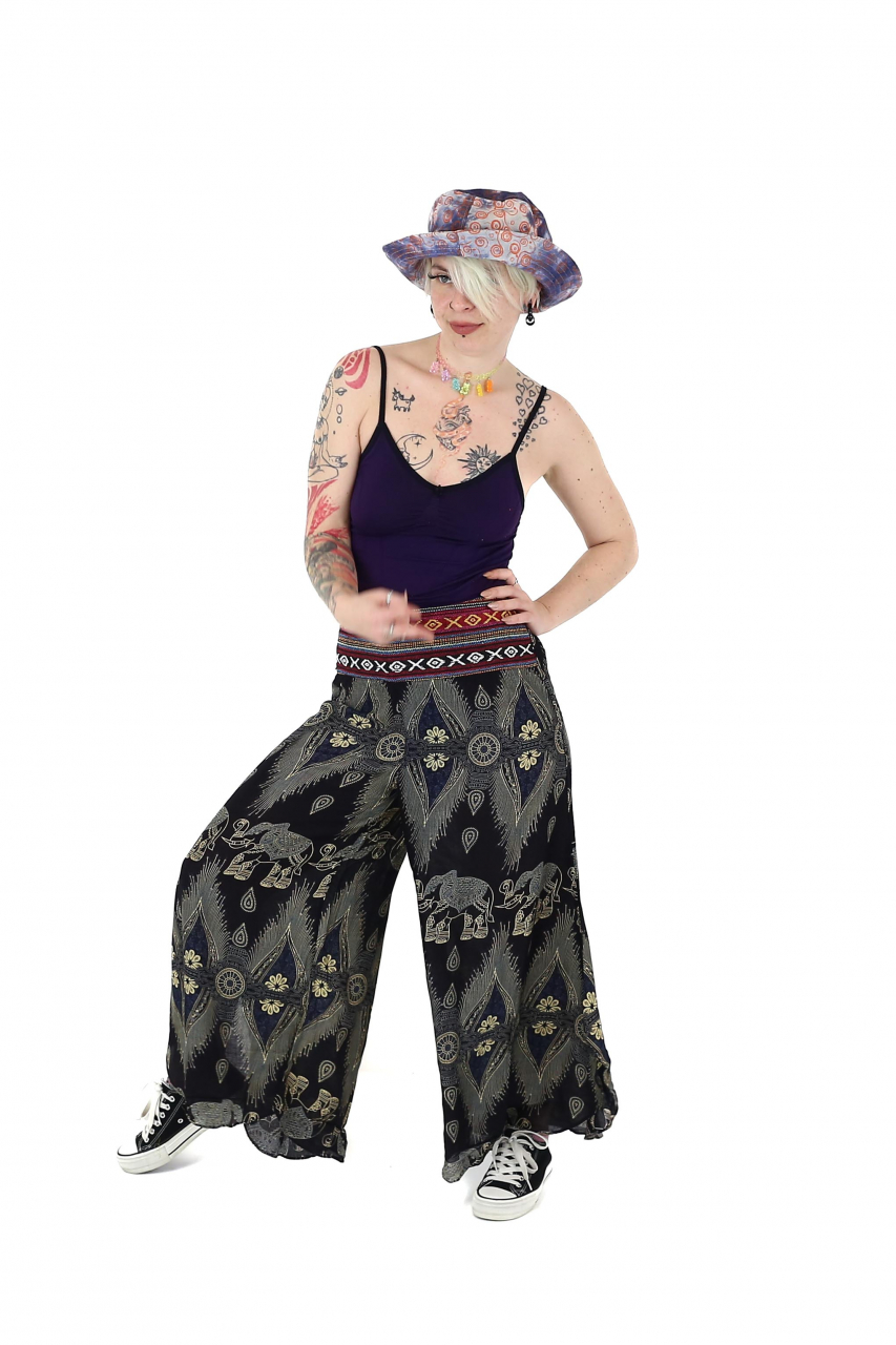 Pantaloni palazzo cu brau etno si print hindus si floral - Portocaliu [5]