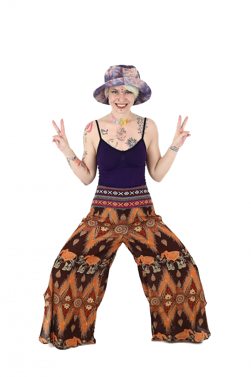 Pantaloni palazzo cu brau etno si print hindus si floral - Portocaliu [3]