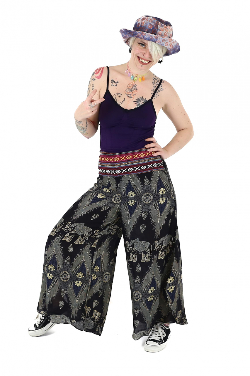 Pantaloni palazzo cu brau etno si print hindus si floral - Portocaliu [3]