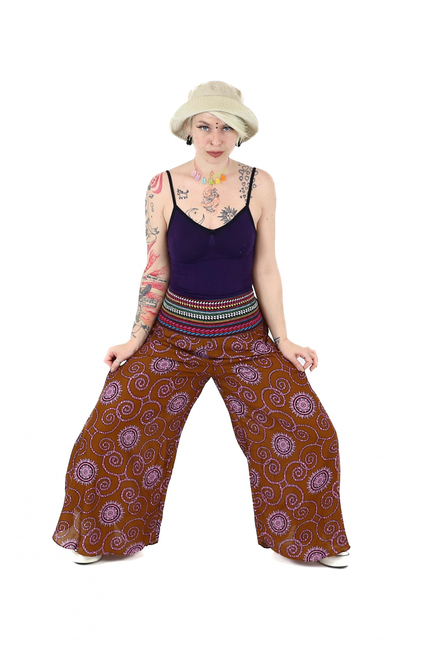 Pantaloni palazzo petrecuti cu brau etno si print abstract - Bleumarin [3]