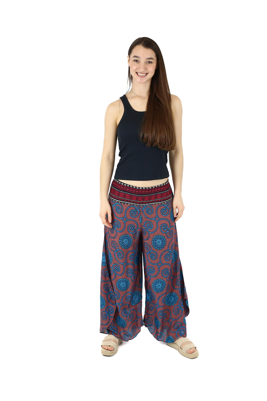 Pantaloni palazzo petrecuti cu brau etno si print abstract - Bleumarin [2]