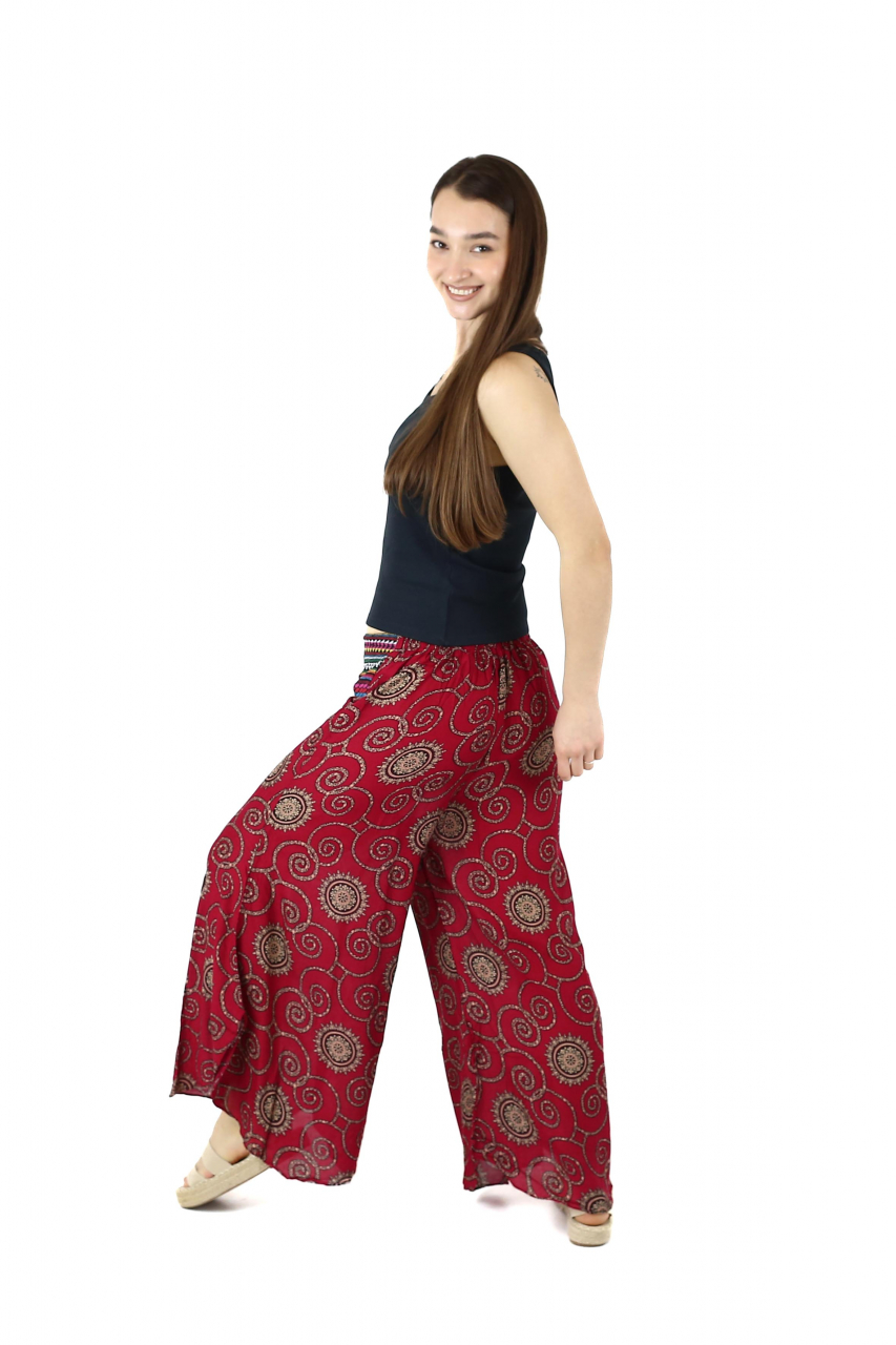 Pantaloni palazzo petrecuti cu brau etno si print abstract - Bleumarin [4]