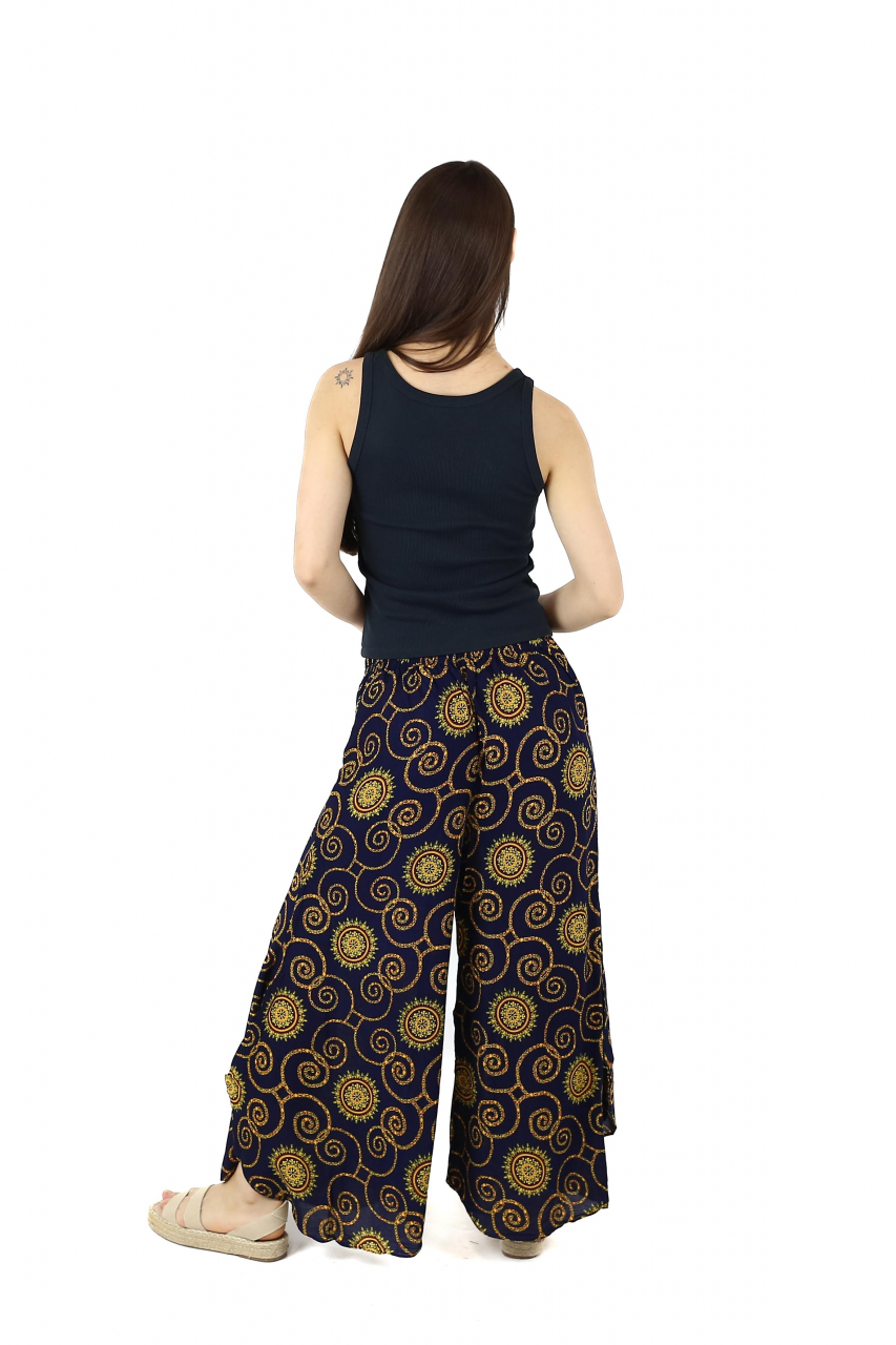 Pantaloni palazzo petrecuti cu brau etno si print abstract - Bleumarin [5]