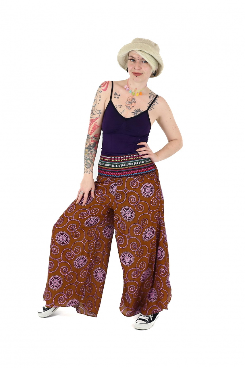 Pantaloni palazzo petrecuti cu brau etno si print abstract - Bleumarin [5]