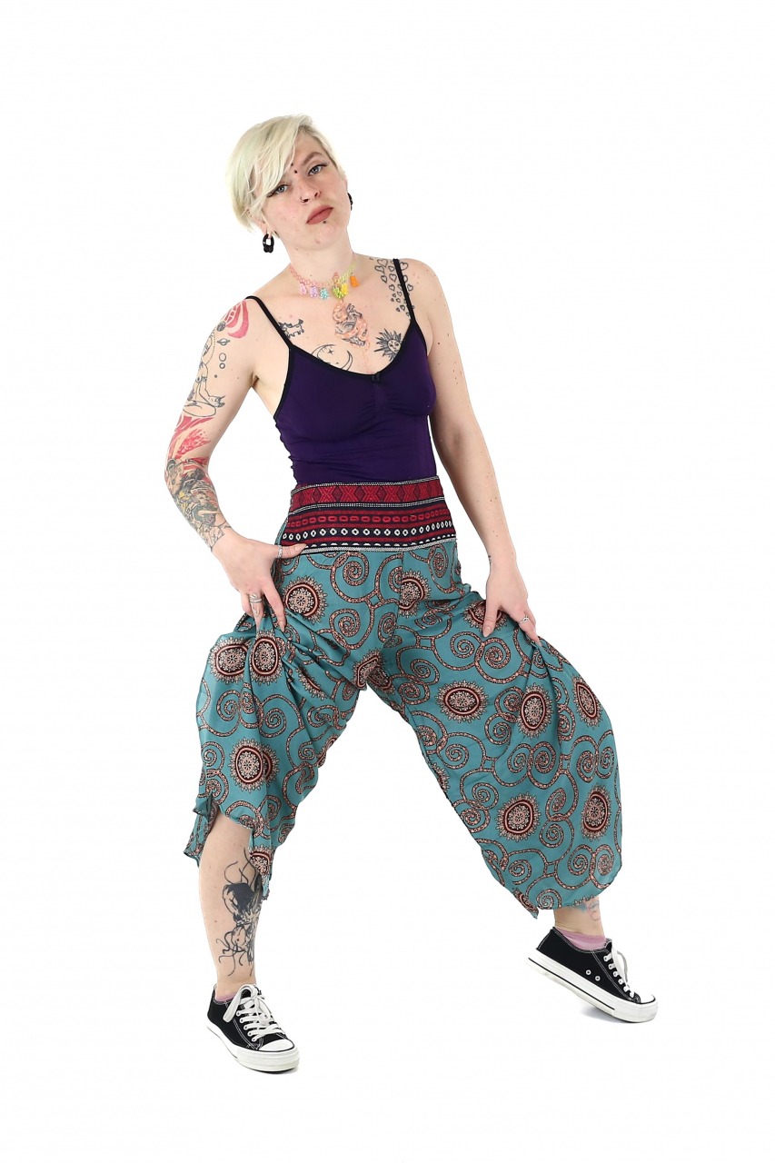 Pantaloni palazzo petrecuti cu brau etno si print abstract - Bleumarin [3]
