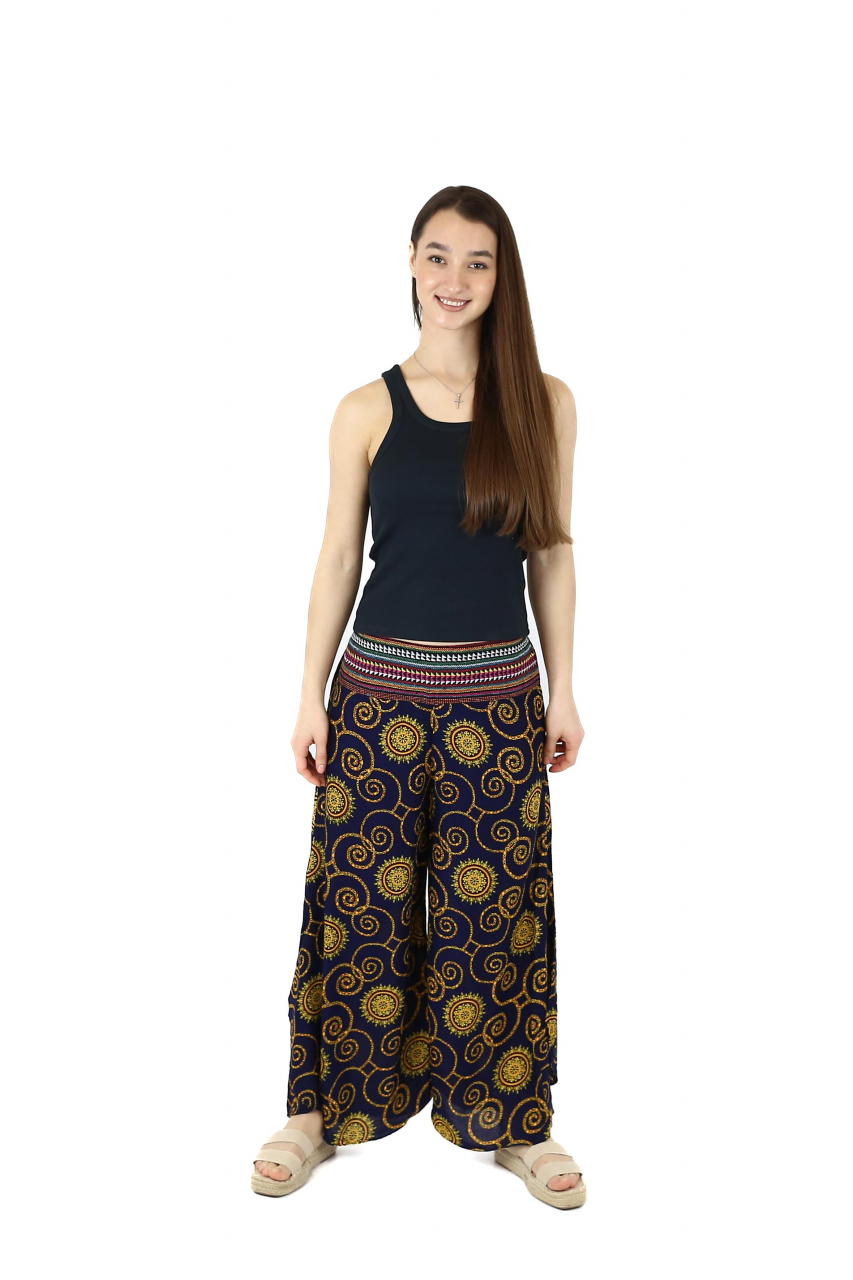 Pantaloni palazzo petrecuti cu brau etno si print abstract - Bleumarin [2]