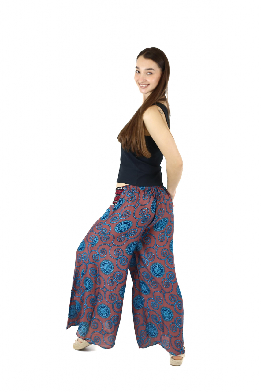 Pantaloni palazzo petrecuti cu brau etno si print abstract - Bleumarin [5]