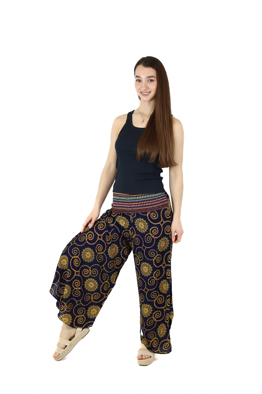 Pantaloni palazzo petrecuti cu brau etno si print abstract - Bleumarin [3]