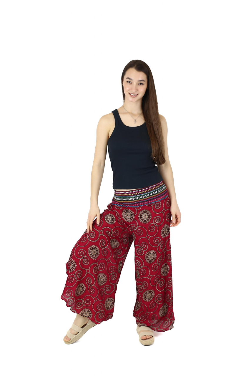 Pantaloni palazzo petrecuti cu brau etno si print abstract - Bleumarin [2]
