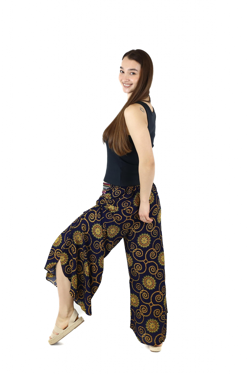 Pantaloni palazzo petrecuti cu brau etno si print abstract - Bleumarin [4]