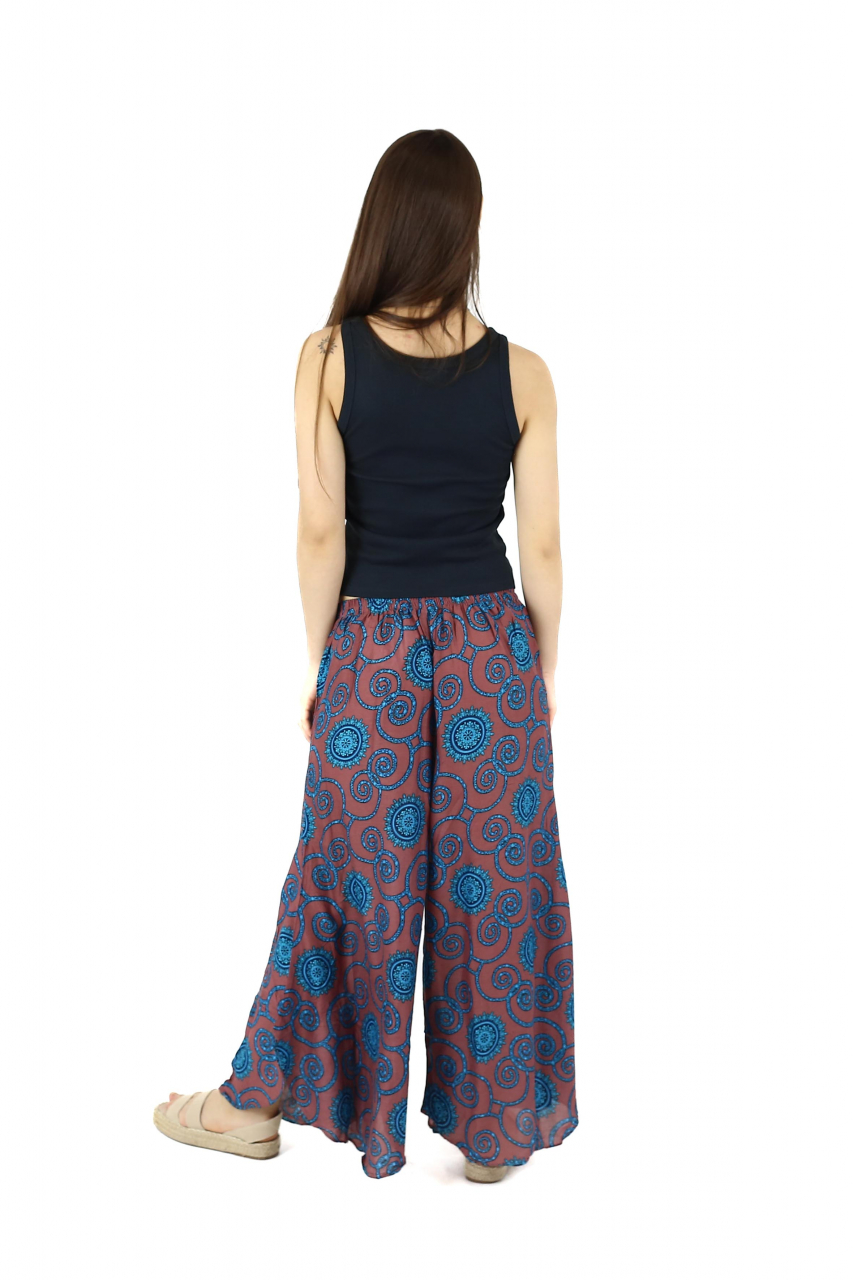 Pantaloni palazzo petrecuti cu brau etno si print abstract - Bleumarin [4]