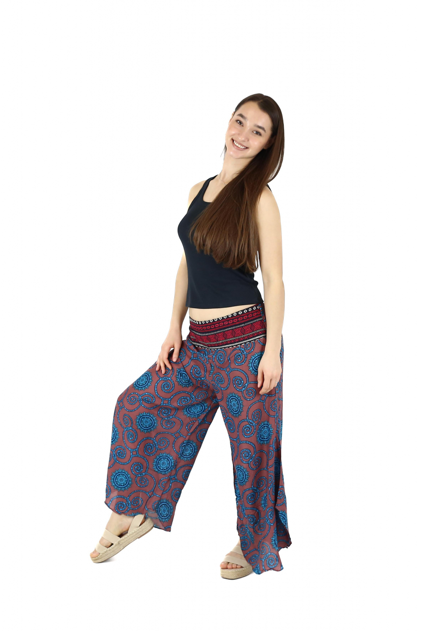 Pantaloni palazzo petrecuti cu brau etno si print abstract - Bleumarin [3]