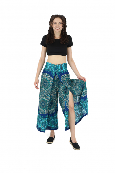 Pantaloni palazzo petrecuti cu print all over Mandala  2 - Verde [3]