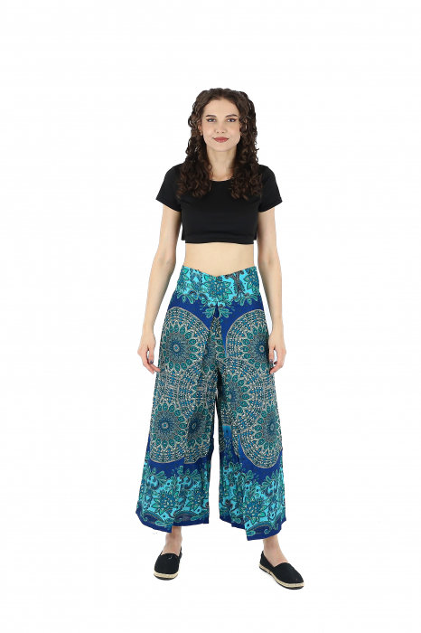 Pantaloni palazzo petrecuti cu print all over Mandala  2 - Verde [2]